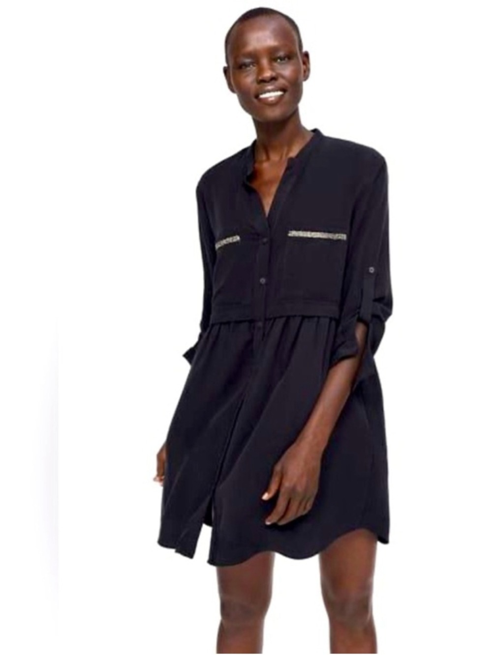 Zara Denim Button-down Dress with Roll Tab Sleeves, Size XS (oversized) 18”PTP